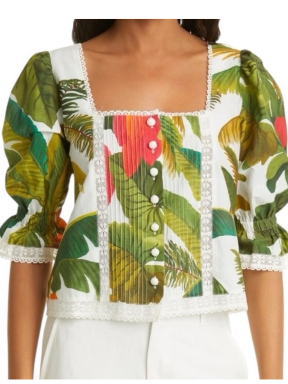 FARM rio white cocoa forest puff sleeve blouse size small new with tag tropical